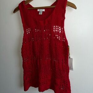 St. Tropez West M Coral Red Knit Openwork Sleeveless Sweater Top